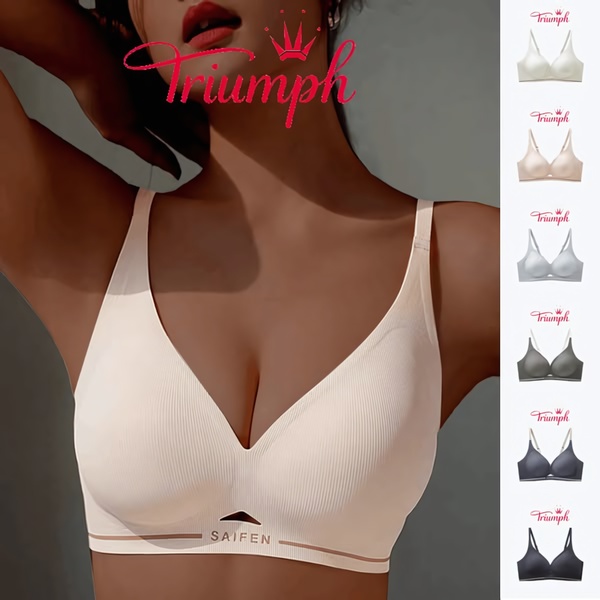This ad creative features a high-quality product image of a comfort bra paired with a vertical sidebar displaying the product in six different colorways.